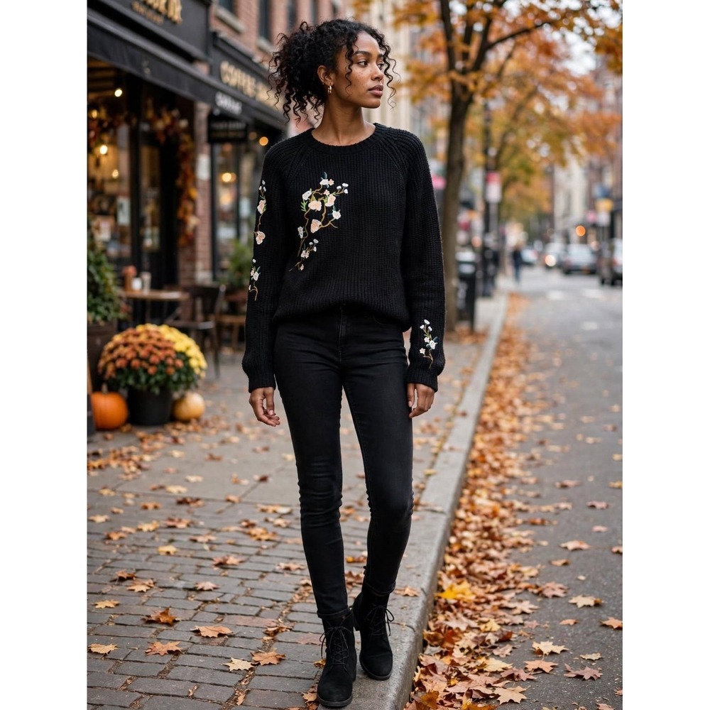 Black Crewneck Sweater with Floral Embroidery
